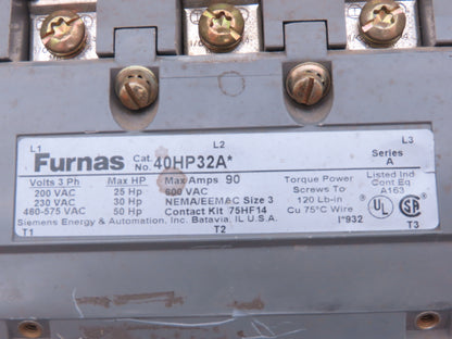 Furnas 40HP32A AC Contactor Motor Starter 50Hp 600VAC 3Ph 120V Coil