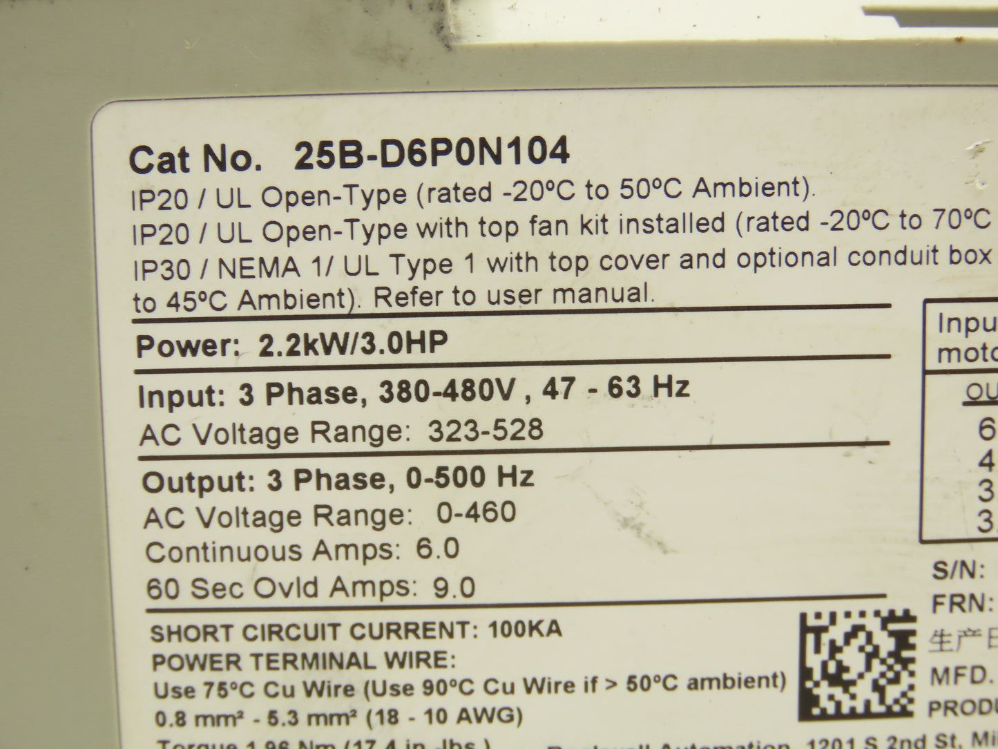 Allen Bradley 25B-D6P0N104 Powerflex 525 3Hp VFD AC Drive 480V 50/60Hz FRN 5.001