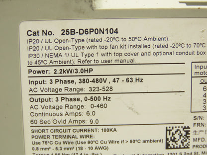 Allen Bradley 25B-D6P0N104 Powerflex 525 3Hp VFD AC Drive 480V 50/60Hz FRN 5.001