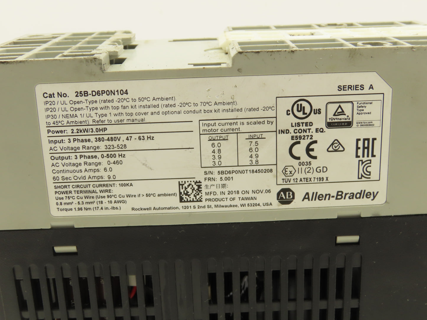 Allen Bradley 25B-D6P0N104 Powerflex 525 3Hp VFD AC Drive 480V 50/60Hz FRN 5.001