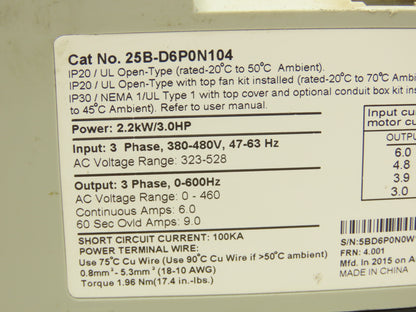 Allen Bradley 25B-D6P0N104 Powerflex 525 3Hp VFD AC Drive 480V 50/60Hz FRN 4.001