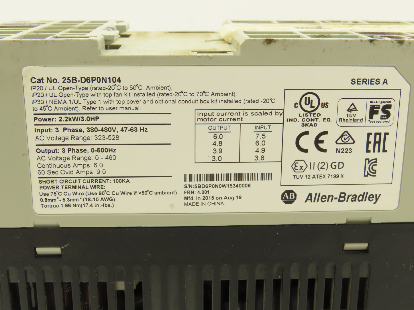 Allen Bradley 25B-D6P0N104 Powerflex 525 3Hp VFD AC Drive 480V 50/60Hz FRN 4.001
