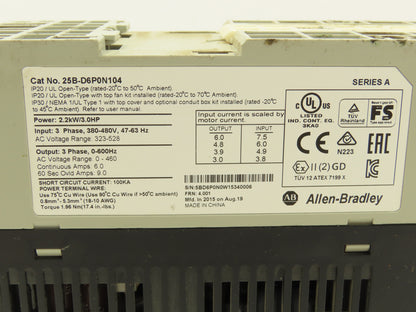 Allen Bradley 25B-D6P0N104 Powerflex 525 3Hp VFD AC Drive 480V 50/60Hz FRN 4.001
