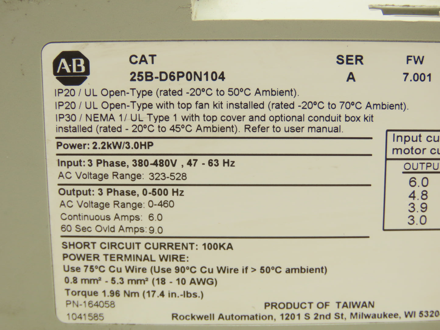 Allen Bradley 25B-D6P0N104 Powerflex 525 3Hp VFD AC Drive 480V 50/60Hz FW 7.001