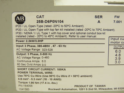 Allen Bradley 25B-D6P0N104 Powerflex 525 3Hp VFD AC Drive 480V 50/60Hz FW 7.001