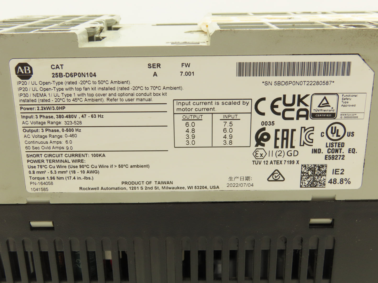 Allen Bradley 25B-D6P0N104 Powerflex 525 3Hp VFD AC Drive 480V 50/60Hz FW 7.001