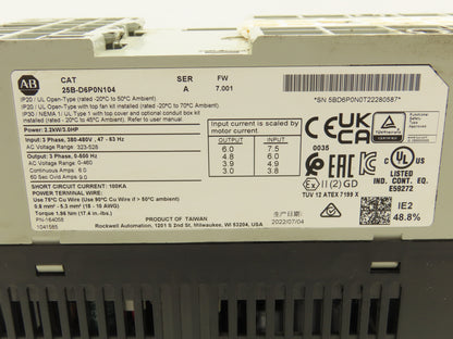Allen Bradley 25B-D6P0N104 Powerflex 525 3Hp VFD AC Drive 480V 50/60Hz FW 7.001