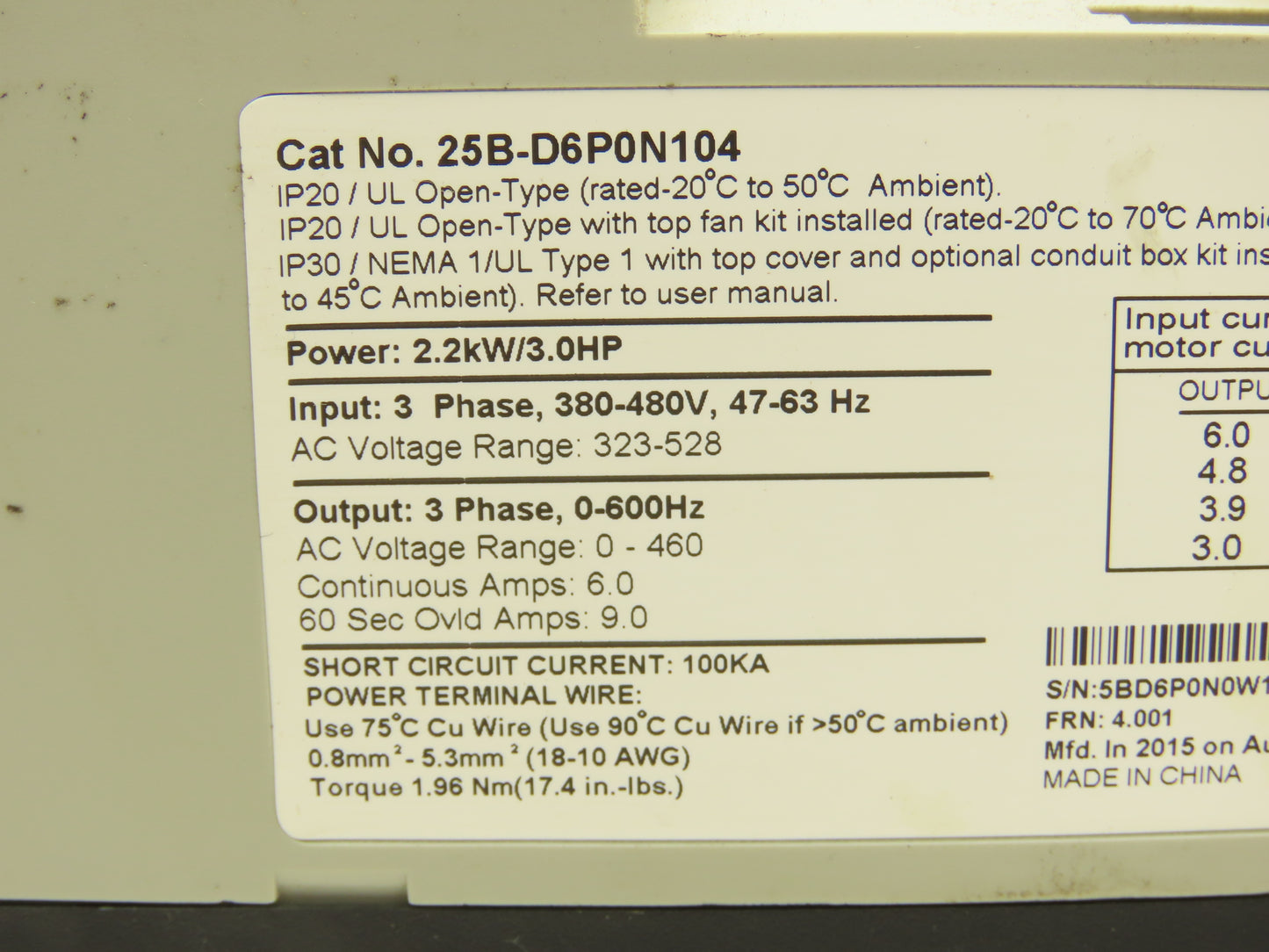 Allen Bradley 25B-D6P0N104 Powerflex 525 3Hp VFD AC Drive 480V 50/60Hz FRN 3.001