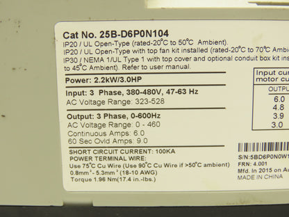 Allen Bradley 25B-D6P0N104 Powerflex 525 3Hp VFD AC Drive 480V 50/60Hz FRN 3.001