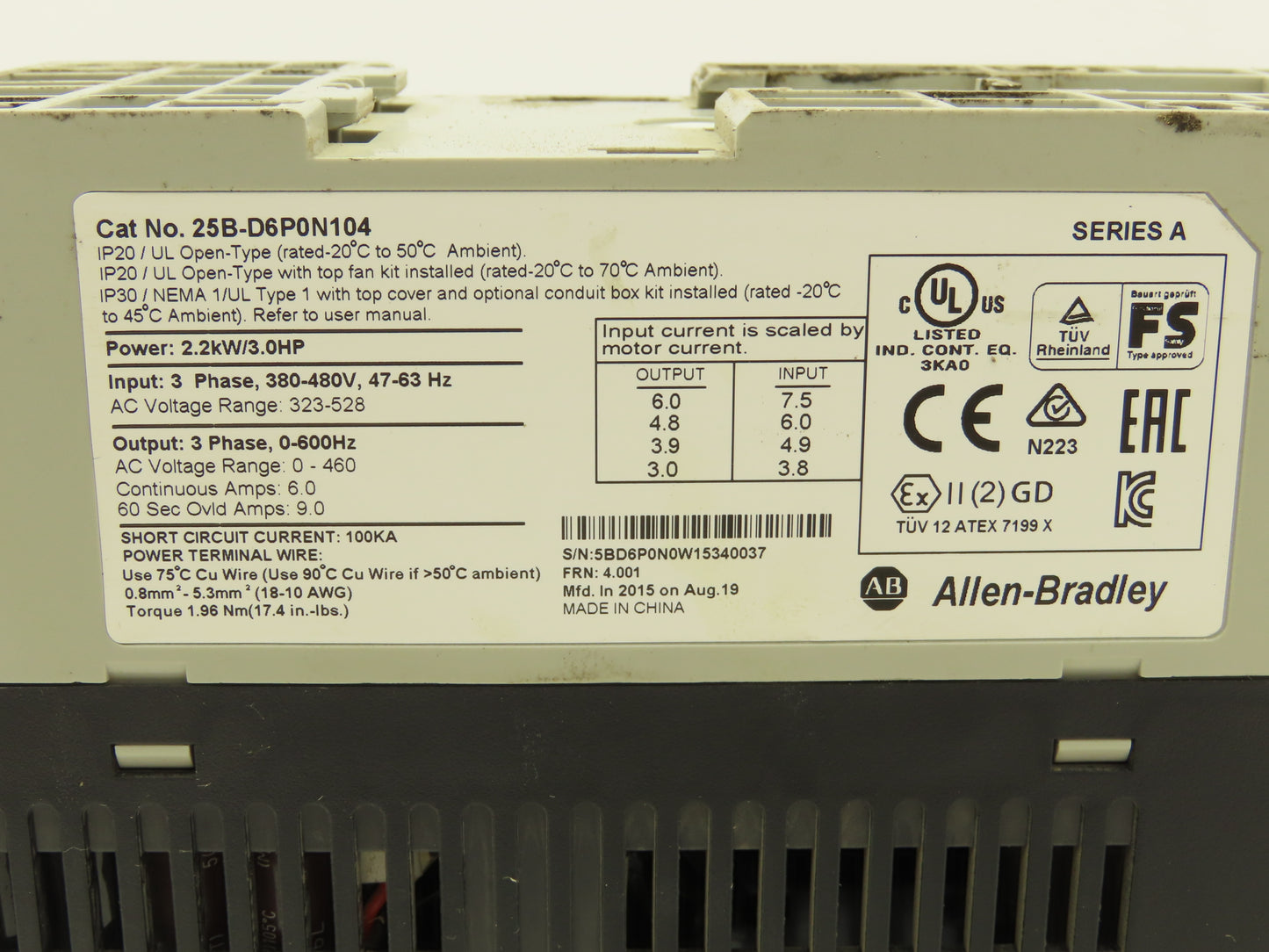 Allen Bradley 25B-D6P0N104 Powerflex 525 3Hp VFD AC Drive 480V 50/60Hz FRN 3.001