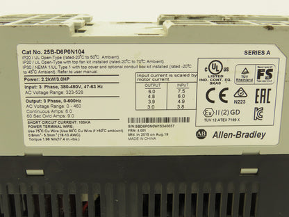 Allen Bradley 25B-D6P0N104 Powerflex 525 3Hp VFD AC Drive 480V 50/60Hz FRN 3.001