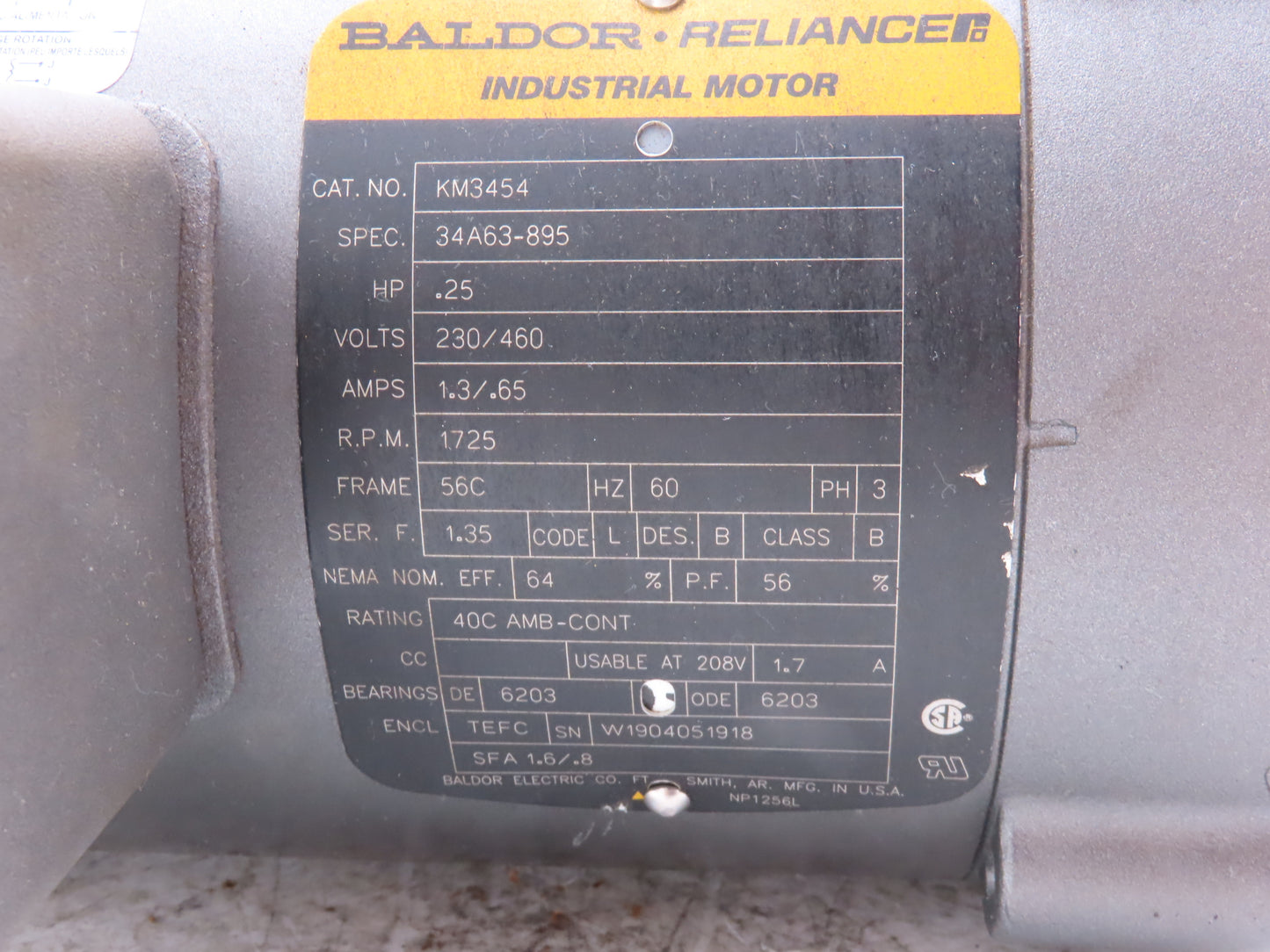 Baldor KM3454 AC Motor 1/4Hp 1725 RPM 230/460V 3PH 56C