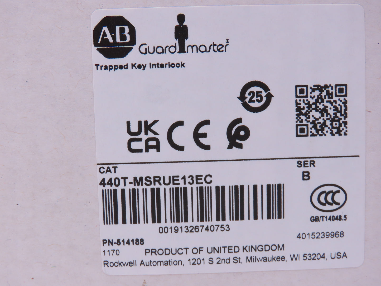 Allen Bradley 440T-MSRUE13EC Guardmaster Trapped Key Interlock Solenoid Release