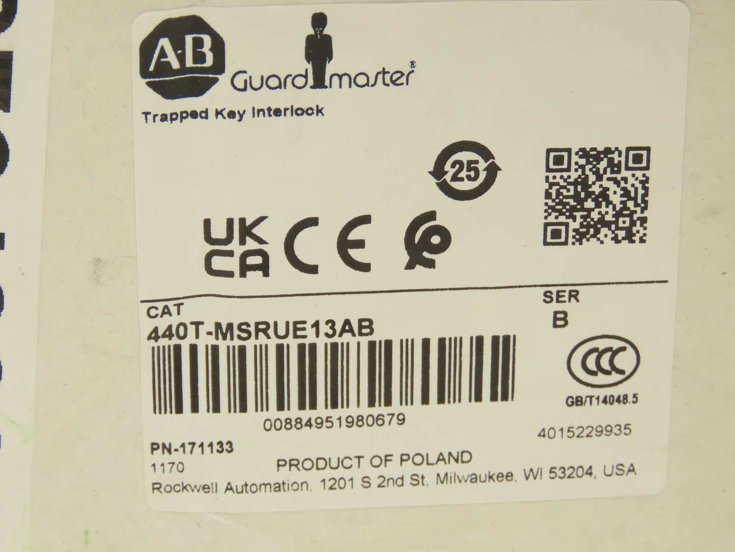 Allen Bradley 440T-MSRUE13AB Guardmaster Trapped Key Interlock Solenoid Release