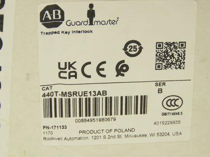 Allen Bradley 440T-MSRUE13AB Guardmaster Trapped Key Interlock Solenoid Release