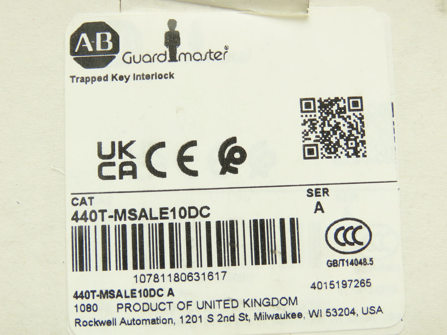 Allen Bradley 440T-MSALE10DC Guardmaster Trapped Key Interlock Switch No Key