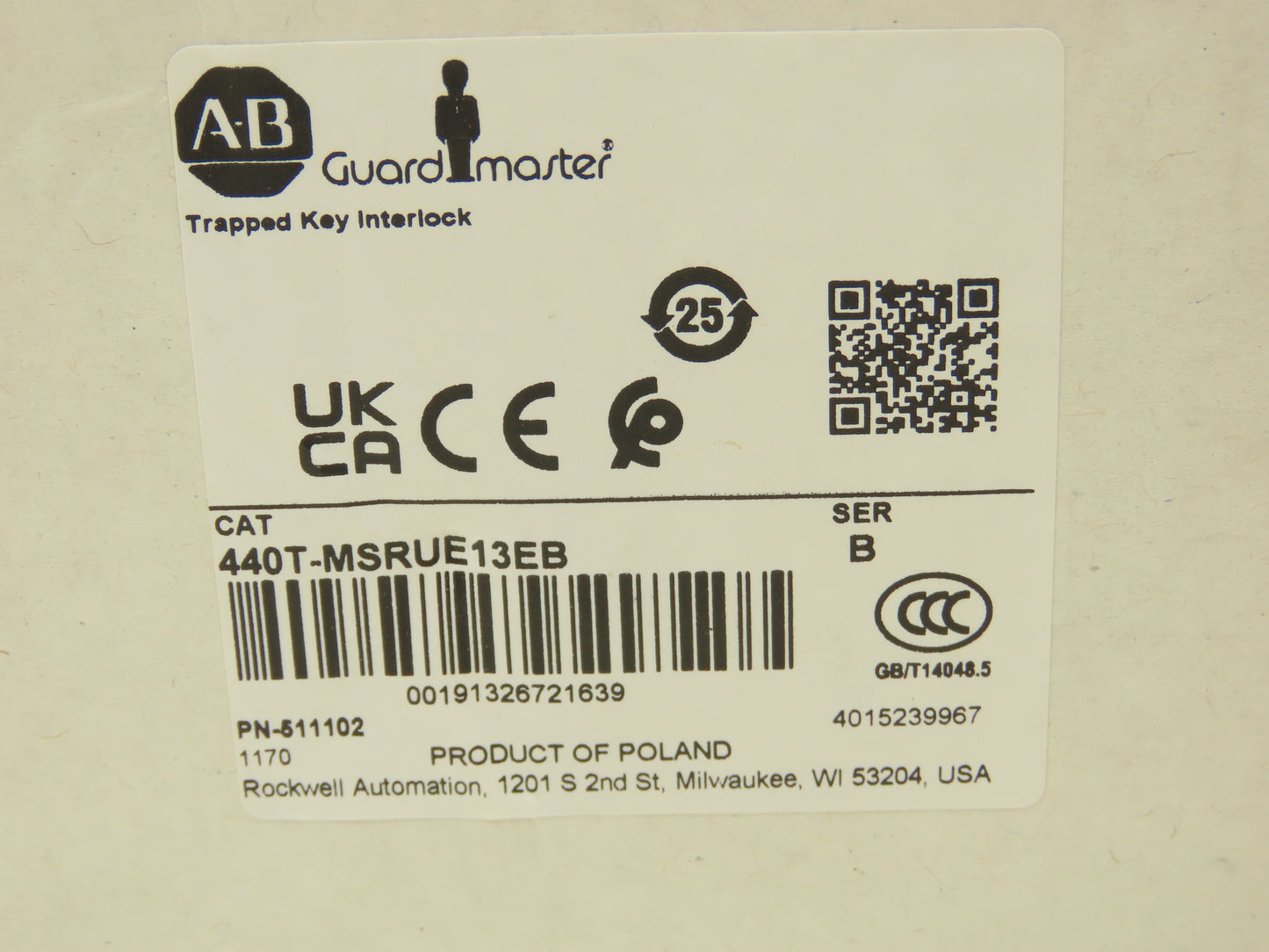 Allen Bradley 440T-MSRUE13EB Guardmaster Trapped Key Interlock Solenoid Release