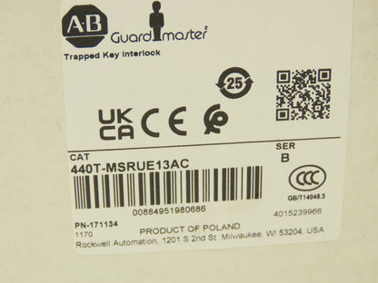 Allen Bradley 440T-MSRUE13AC Guardmaster Trapped Key Interlock Solenoid Release