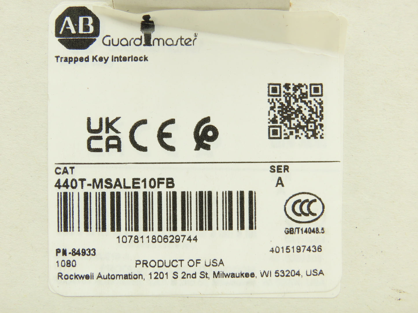Allen Bradley 440T-MSALE10FB Guardmaster Trapped Key Interlock Switch with Key