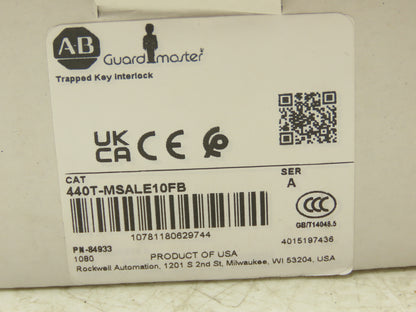 Allen Bradley 440T-MSALE10FB Guardmaster Trapped Key Interlock Switch No Key