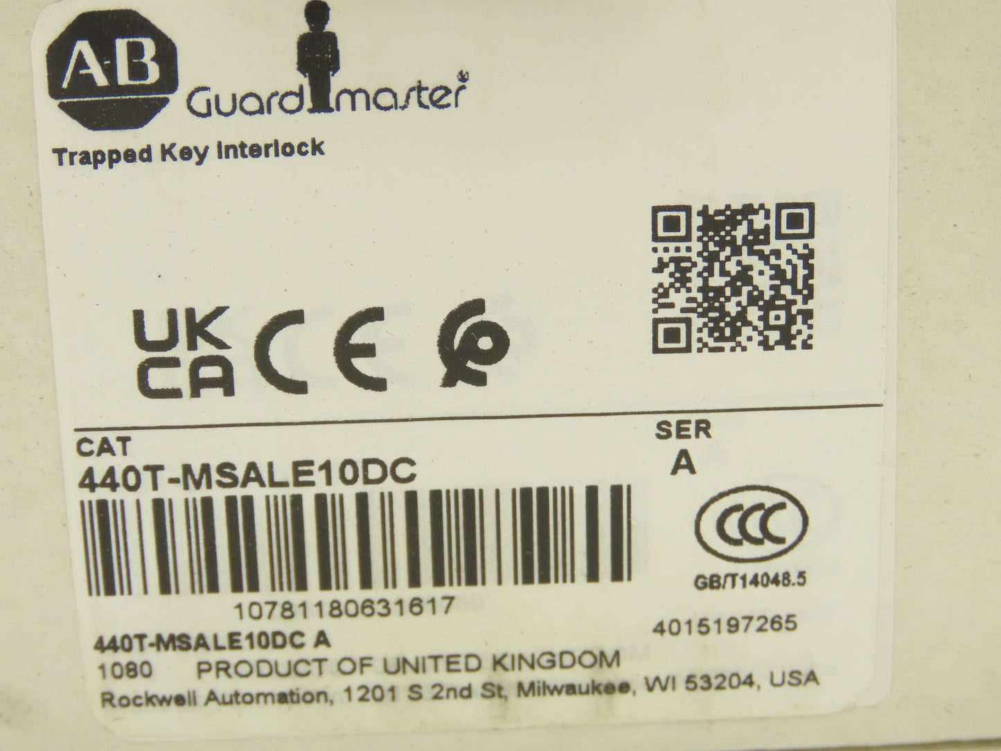 Allen Bradley 440T-MSALE10DC Guardmaster Trapped Key Interlock Switch With Key