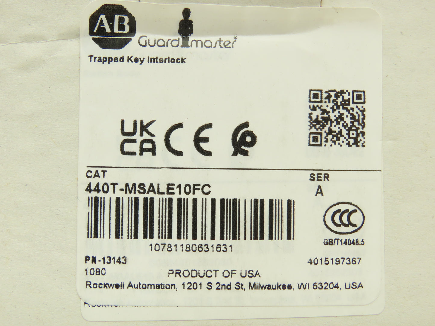 Allen Bradley 440T-MSALE10FC Guardmaster Trapped Key Interlock Switch With Key