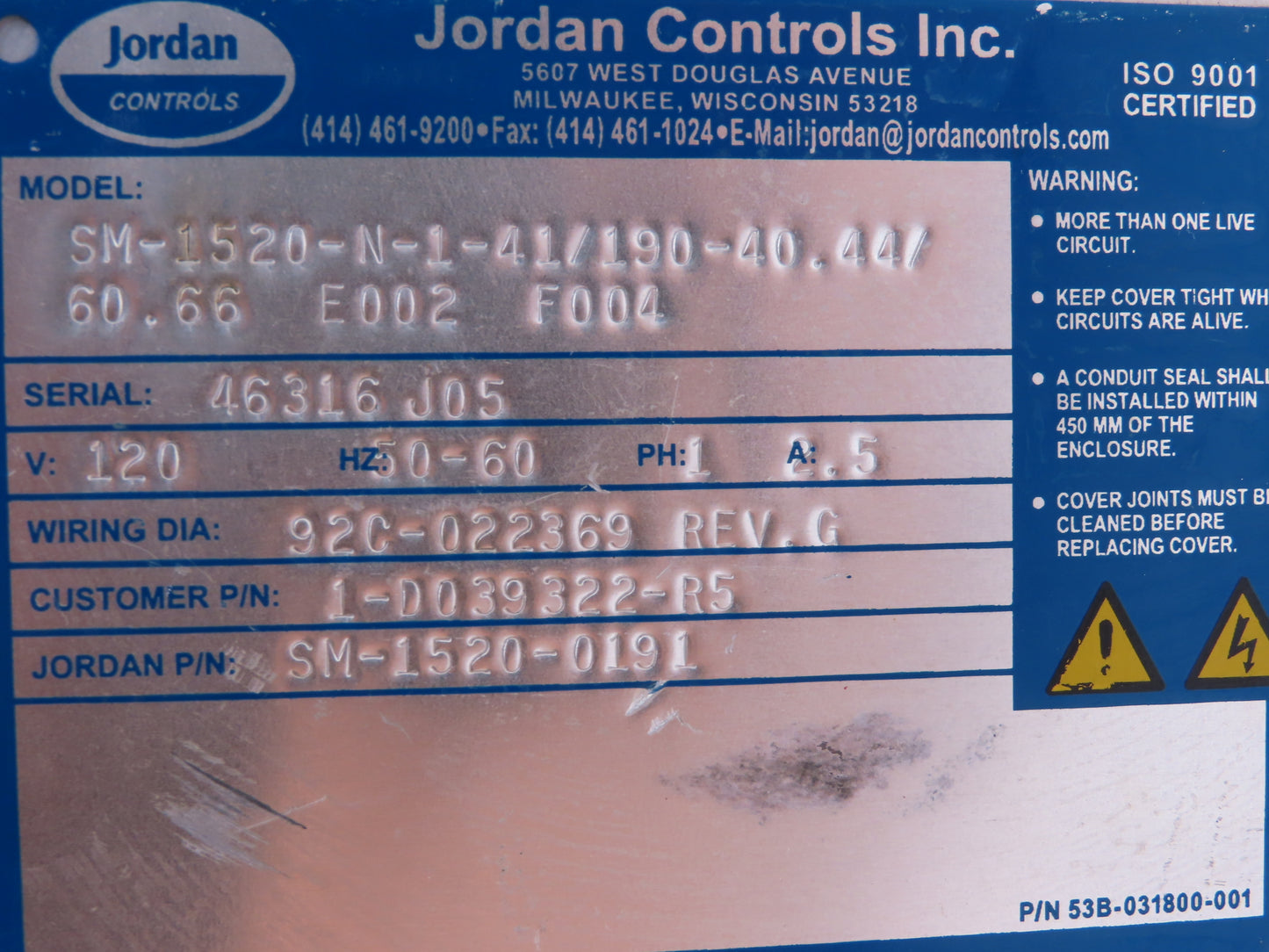 Jordan Controls SM-1520-N-1-41/190-40.44/60.66 Stepper Motor 120V SM-1520-0191