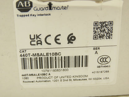 Allen Bradley 440T-MSALE10BC Guardmaster Trapped Key Interlock Switch No Key