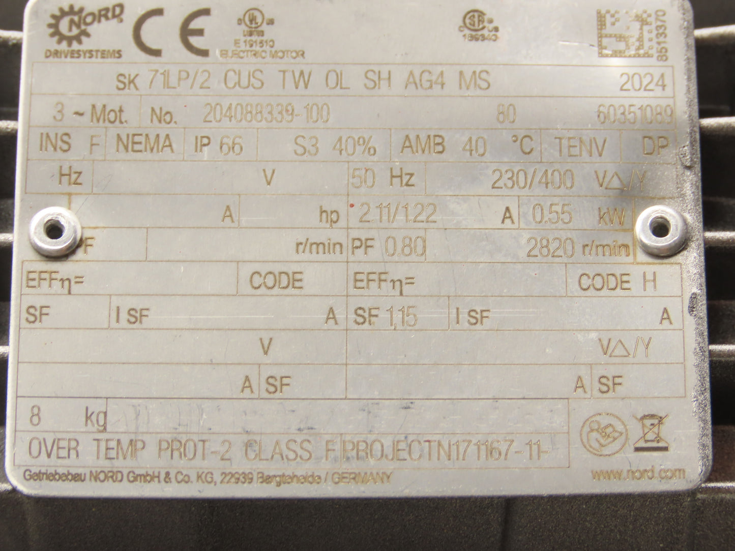 Nord SK 0182.1AXZGH-71LP/2 CUS Gear Motor 4.85 Ratio 581rpm .55kw 230/400V
