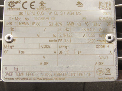Nord SK 0182.1AXZGH-71LP/2 CUS Gear Motor 4.85 Ratio 581rpm .55kw 230/400V