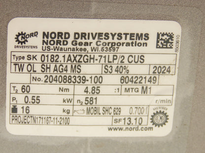 Nord SK 0182.1AXZGH-71LP/2 CUS Gear Motor 4.85 Ratio 581rpm .55kw 230/400V