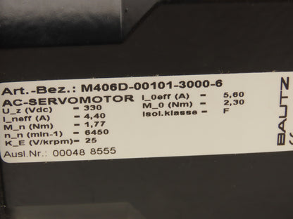 Bautz M406D-00101-3000-6 AC Servo Motor 330V 4.4A 6450RPM