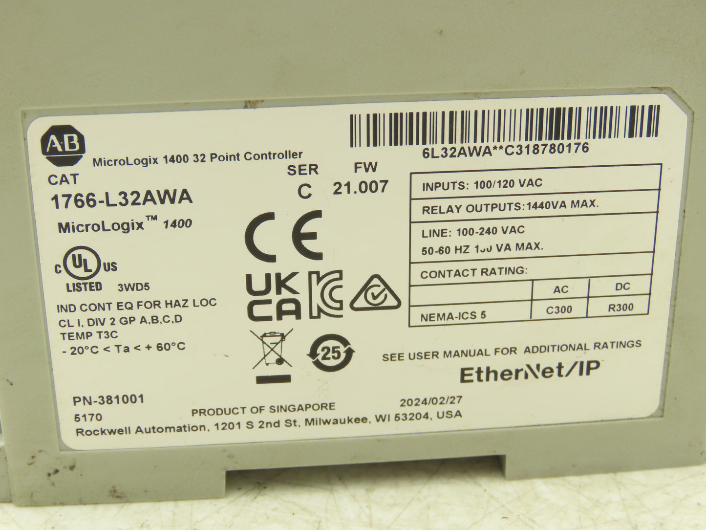 Allen Bradley 1766-L32AWA MicroLogix 1400 Controller Module 32Pt Series C. FW 21