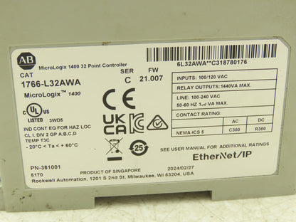 Allen Bradley 1766-L32AWA MicroLogix 1400 Controller Module 32Pt Series C. FW 21