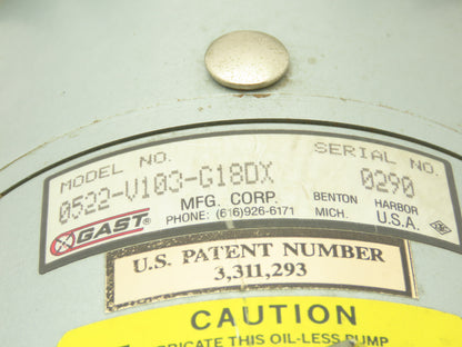 Gast 0522-V103-G18DX Oil-Less  Rotary Vane Vacuum Air Pump 115VAC 1/4Hp 1725RPM
