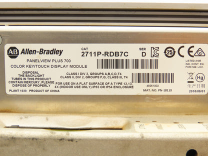 Allen Bradley 2711P-RDB7C PanelView Plus 700 Keypad/Touch with Module 2711P-RP1A