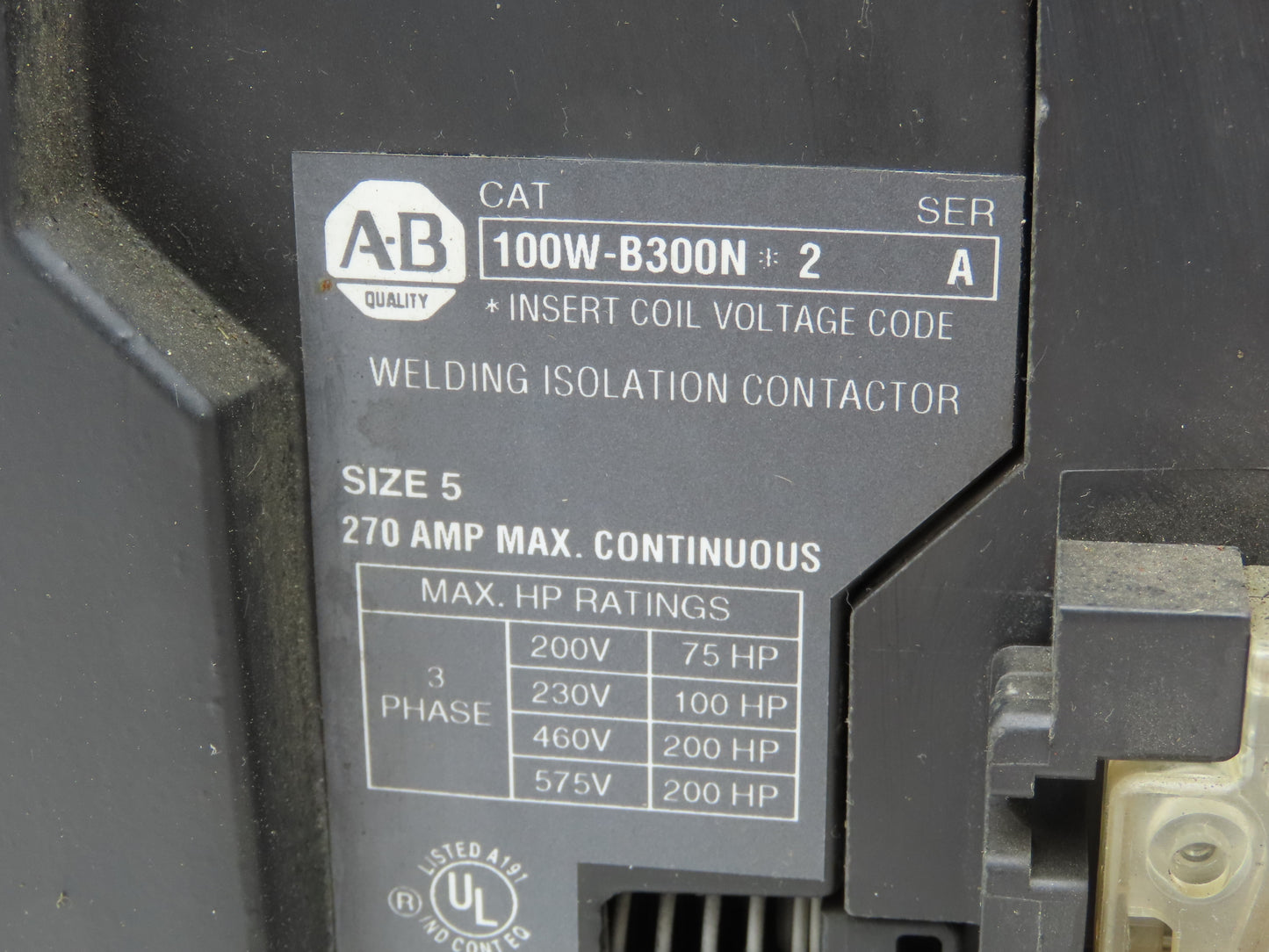 Allen Bradley 100W-B300N-2 Size 5 Contactor 2-Pole 275A 575V 3PH 120V Coil