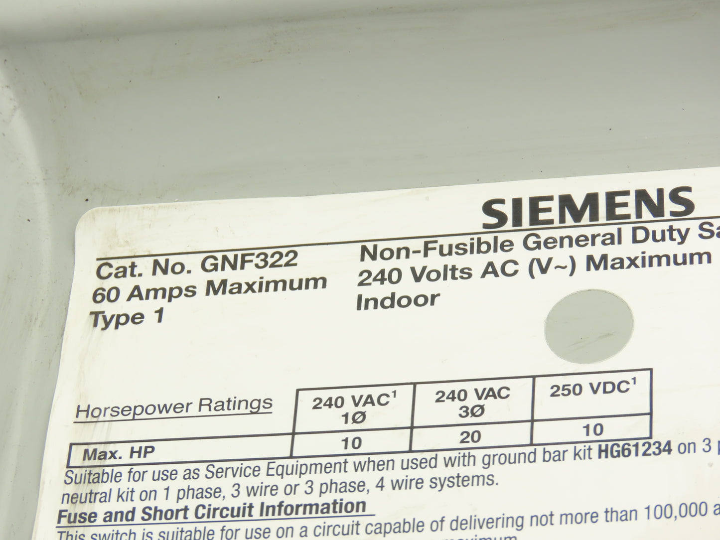 Siemens GNF322 Safety Switch Disconnect Non Fusible 60A 240VAC 250VDC HP Rated