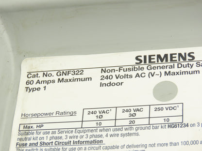 Siemens GNF322 Safety Switch Disconnect Non Fusible 60A 240VAC 250VDC HP Rated