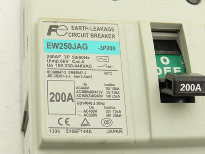 Fuji EW250JAG-3P200 Earth Leakage Circuit Breaker 3-Pole 200A 100-440VAC