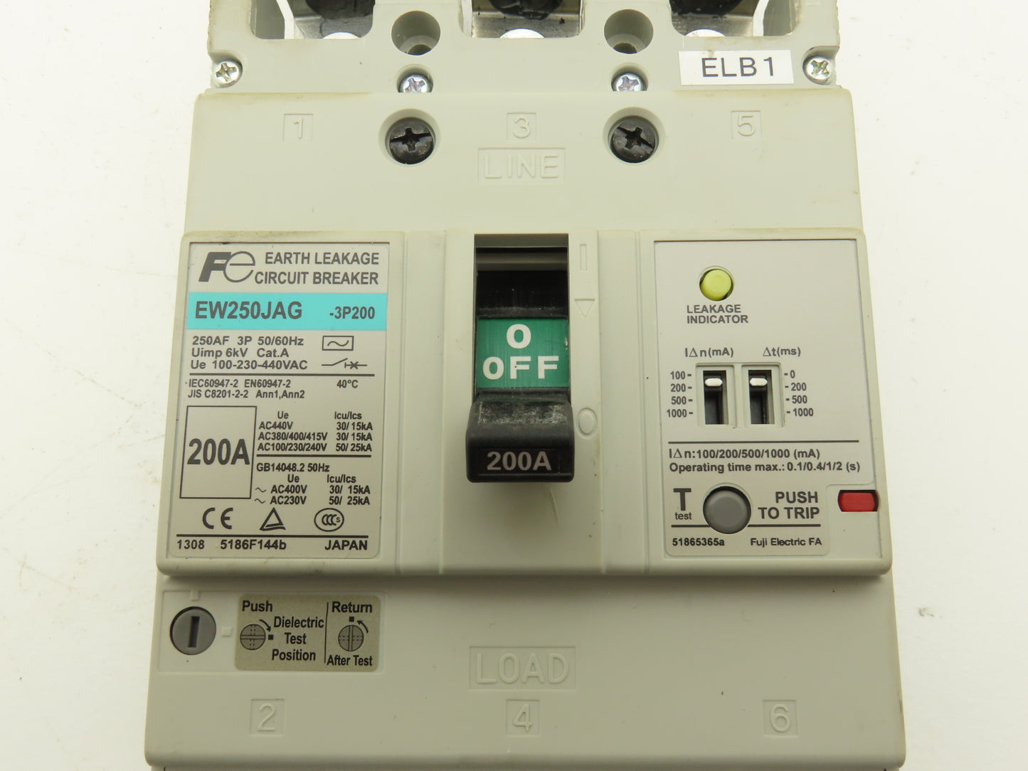 Fuji EW250JAG-3P200 Earth Leakage Circuit Breaker 3-Pole 200A 100-440VAC