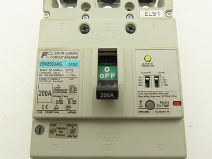 Fuji EW250JAG-3P200 Earth Leakage Circuit Breaker 3-Pole 200A 100-440VAC