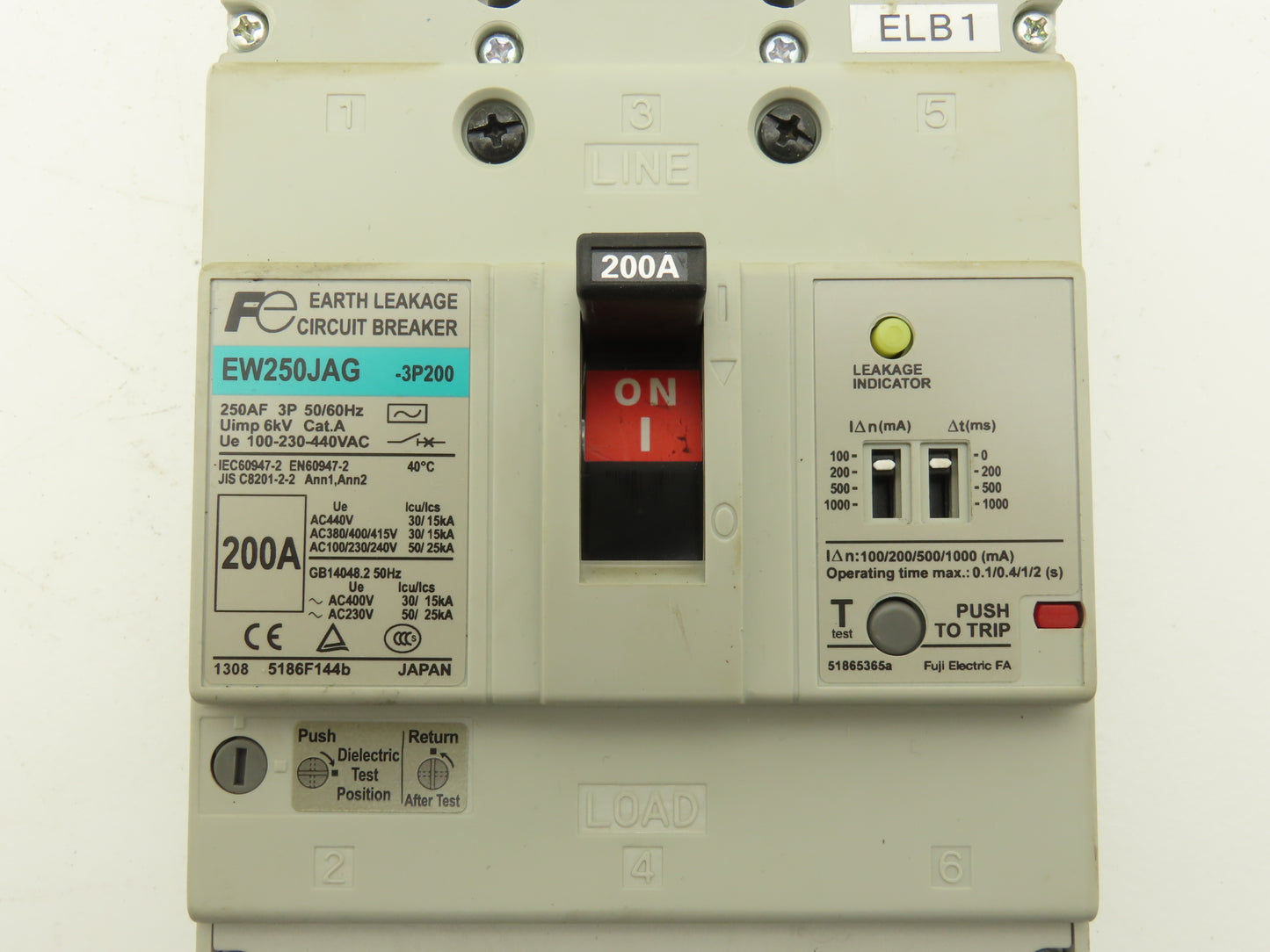 Fuji EW250JAG-3P200 Earth Leakage Circuit Breaker 3-Pole 200A 100-440VAC