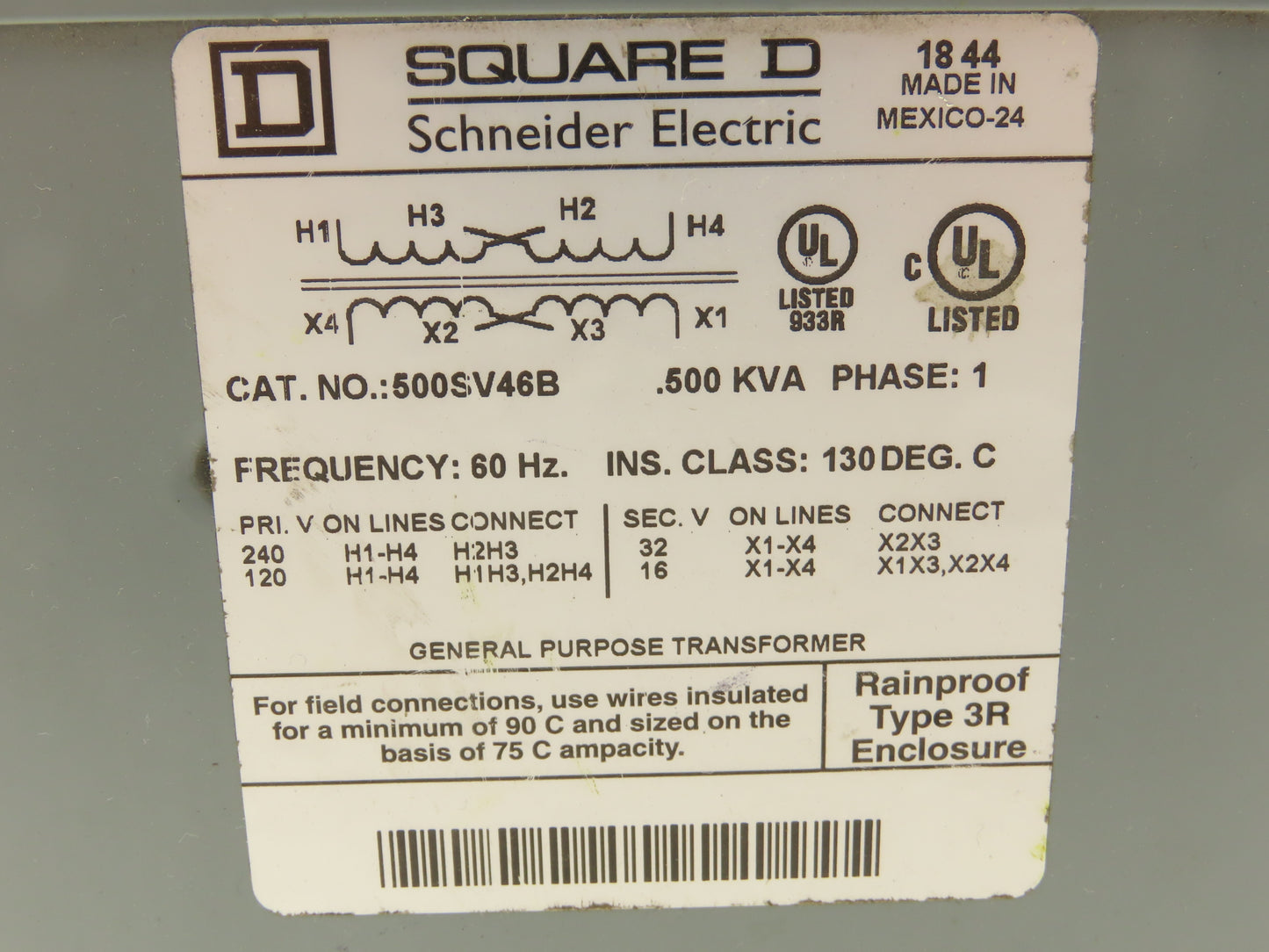 Square D 500SV46B Step Down Power Transformer 0.500KVA 1pH HV 120/240V LV 16/32V