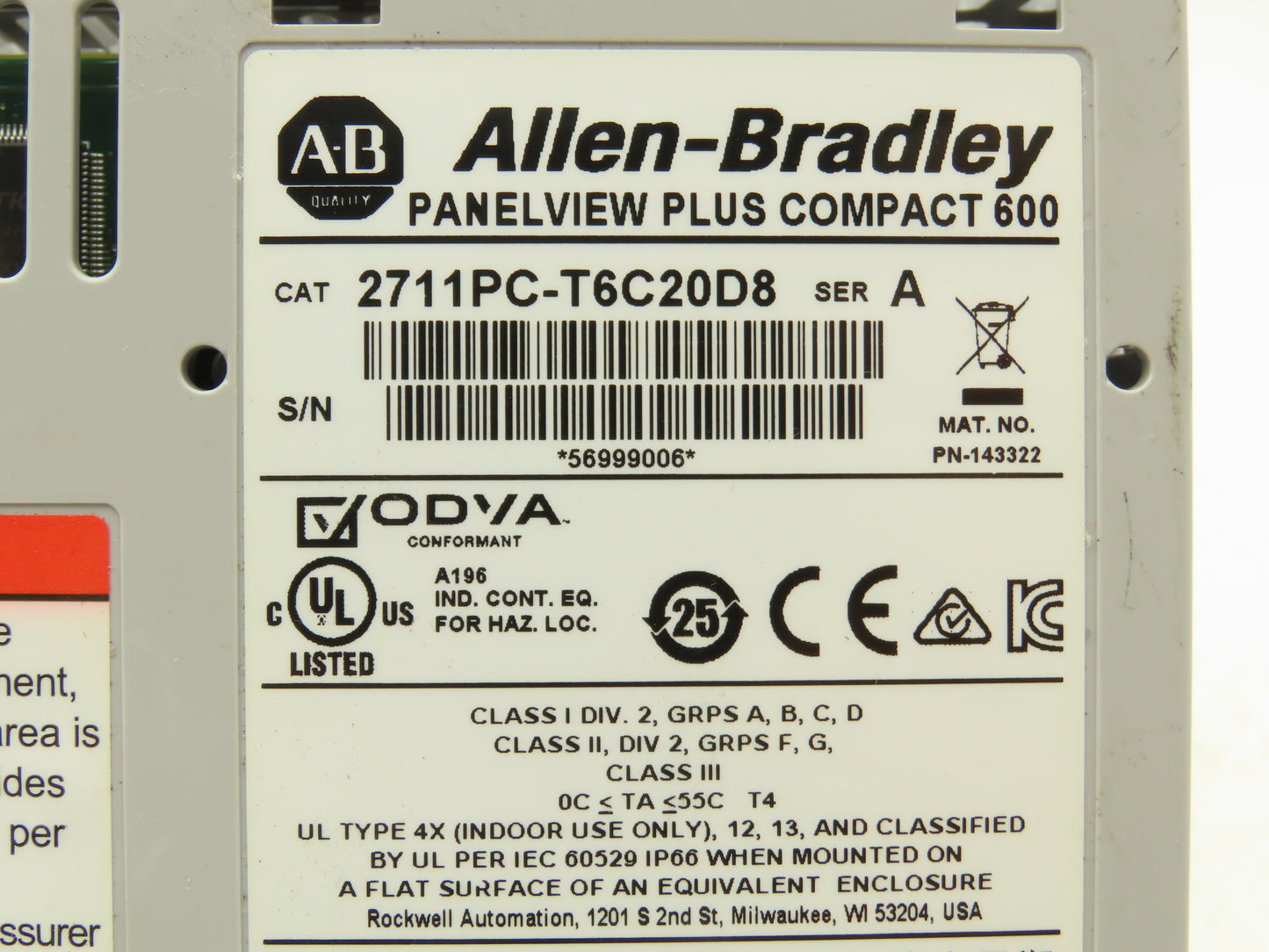 Allen Bradley 2711PC-T6C20D8 HMI PanelView Plus 600 6" Operator Touch Panel