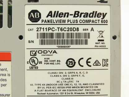 Allen Bradley 2711PC-T6C20D8 HMI PanelView Plus 600 6" Operator Touch Panel
