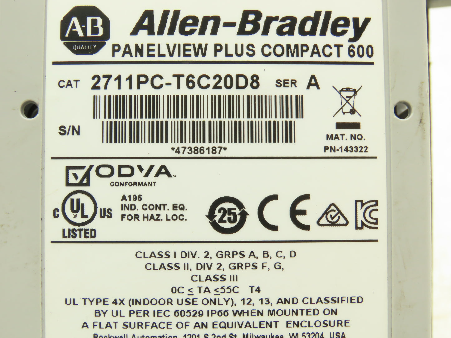 Allen Bradley 2711PC-T6C20D8 HMI PanelView Plus 600 6" Operator Touch Panel