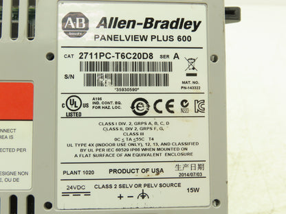 Allen Bradley 2711PC-T6C20D8 HMI PanelView Plus 600 6" Operator Touch Panel