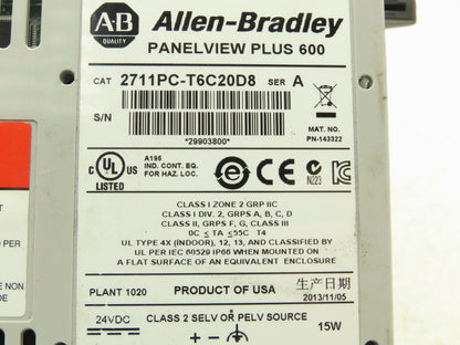 Allen Bradley 2711PC-T6C20D8 HMI PanelView Plus 600 6" Operator Touch Panel