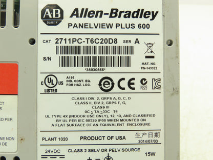Allen Bradley 2711PC-T6C20D8 HMI PanelView Plus 600 6" Operator Touch Panel